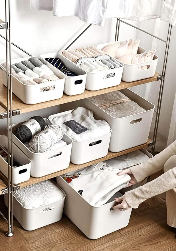 Set Of 4 Plastic Storage Bins,Versatile Kitchen Pantry Organization and Storage,for Plastic Storage Container Under Bed,Under Sink Bathroom Organizer (White, 4 Pack Narrow)