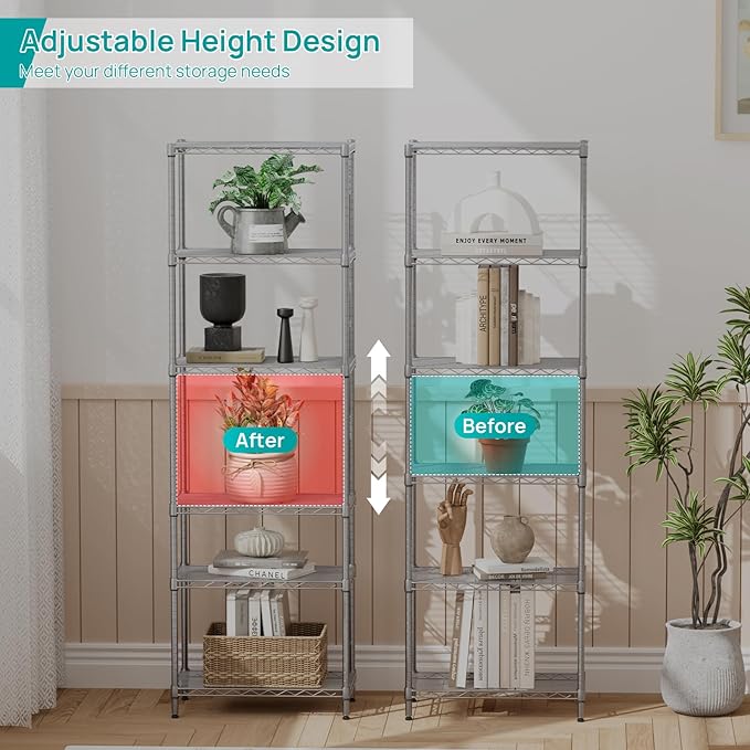 SINGAYE 6 Shelf Wire Shelving Unit Adjustable Metal Shelves Standing Bathroom Organizers and Storage Wire Closet Metal Pantry Kitchen 12" DX22 W 69.5" H Gray