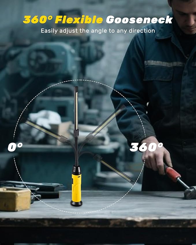 Magnetic LED Work Light Rechargeable,1000LM Flexible Gooseneck Magnetic Flashlight with Top & Base Magnets, Portable Mechanic Light for Auto Repair, Work Bench, Inspection, Emergency