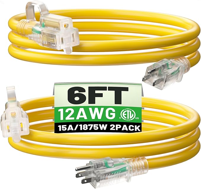 POWGRN 2 Pack 6 ft 12/3 Outdoor Extension Cord Waterproof Heavy Duty with Lighted Indicator End 12 Gauge 3 Prong, Flexible Cold-Resistant Long Power Cord Outside, 15Amp 1875W Yellow ETL Listed