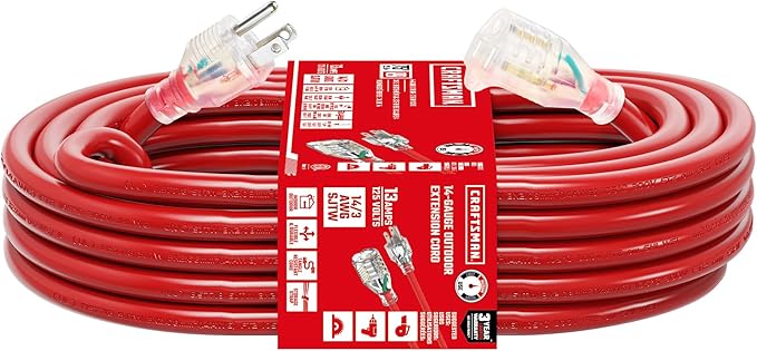 CRAFTSMAN 75 Ft. Heavy-Duty Extension Cord 14/3 SJTW, Waterproof Indoor/Outdoor Power Cable with Lighted 3-Prong Plug, 13A/1625W/125V, ETL Certified