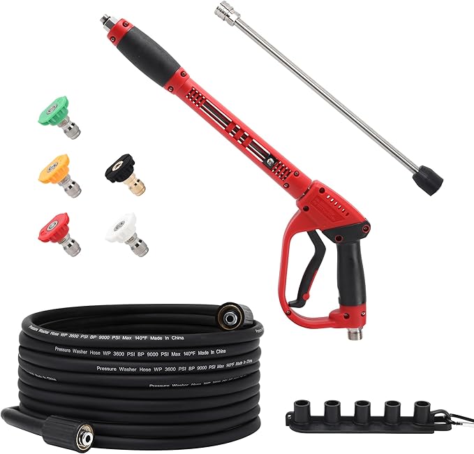 Pressure Washer Gun and Hose Kit, 25FT High Pressure Power Washer Hose with Spray Gun, Wand Extension, 5 Nozzles, M22-14mm Fittings, 3600 PSI