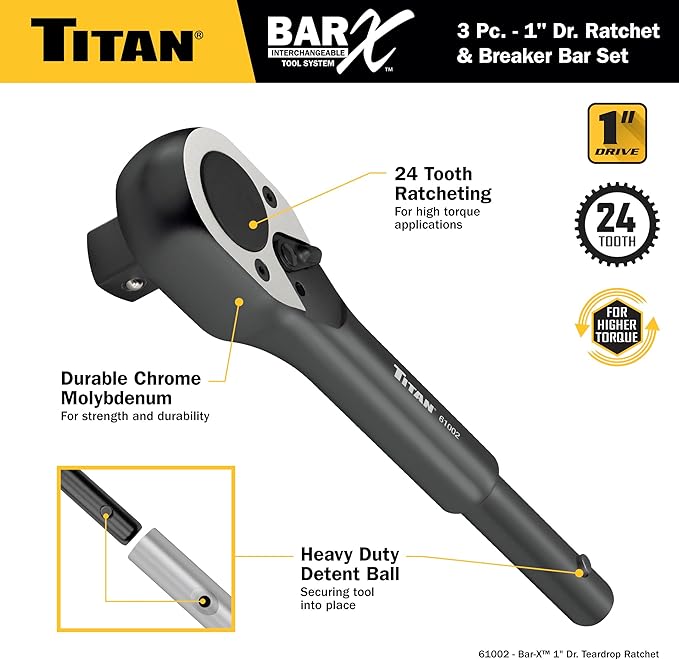 Titan Bar-X 61323 3-Piece 1-Inch Drive Interchangeable Ratchet and Breaker Bar Set