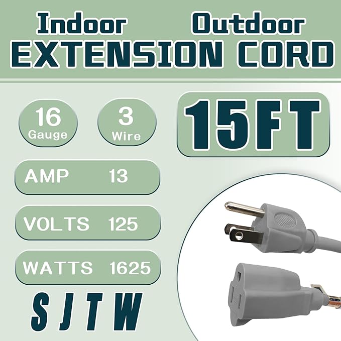 Indoor Outdoor Extension Cord 15 FT, 16/3 SJTW Weatherproof Grey Electrical Cords, 13 AMP Heavy Duty 3 Prong Power Cable Great for Garden, Landscaping & Holiday Decorations