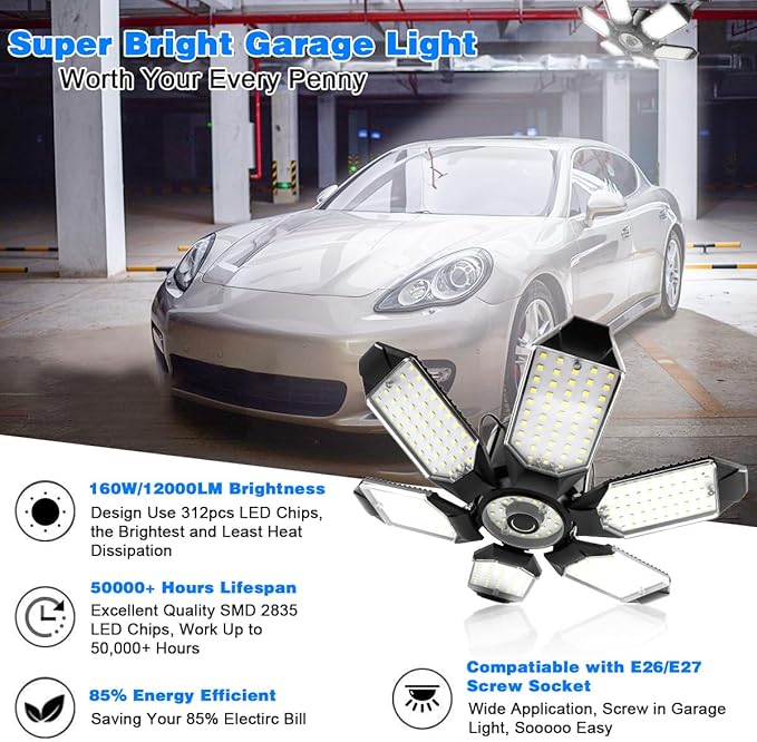LED Garage Light - 160W LED Garage Ceiling Lights 16000LM Super Bright Garage Lighting with 6 Deformable Panels E26/E27 Screw in Led Shop Lights for Basement Workshop Warehouse Attic