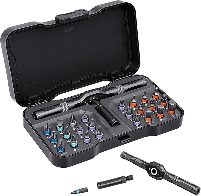 Ratcheting Screwdriver Set, 24-in-1 Multi-Bit Driver with 6.2° Fine Tooth Ratcheting Gear, S2 Steel Bits, Extended Lever Handle, Magnetic Tips, Compact Tool Kit for Home Repair & DIY