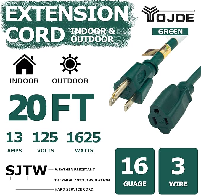 YOJOE Indoor Outdoor Extension Cord, 3 Prong 13A Weatherproof Power Cord, 16 Gauge Heavy Duty 20 ft Green Extension Cord for Garage, Garden and Home, 16/3 SJTW UL Listed