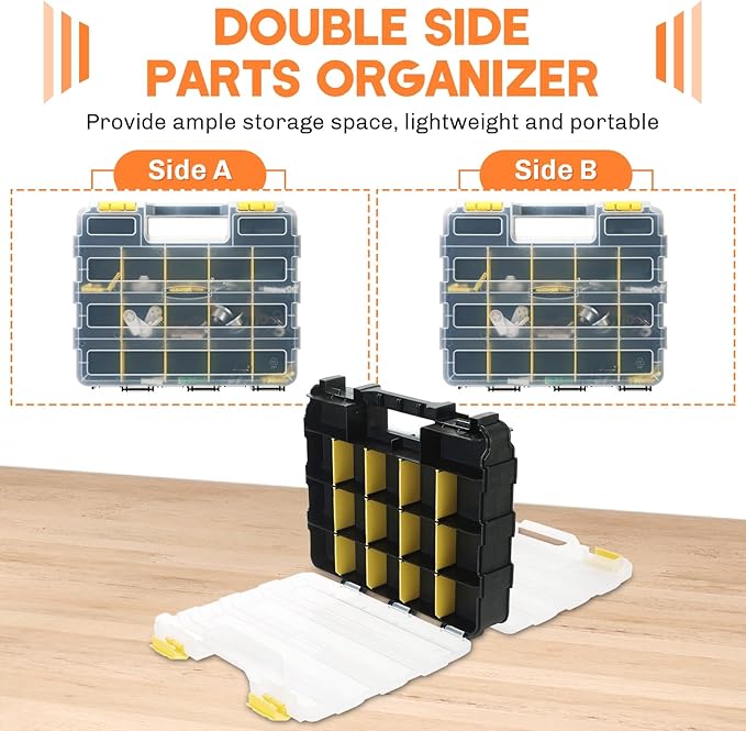 Small Parts Organizer | Storage Case Tools Box 34-Compartments Double Side Organizer Box with Removable Dividers for Small Hardware, Screws, Bolts, Nuts, Nails, Beads (Yellow)
