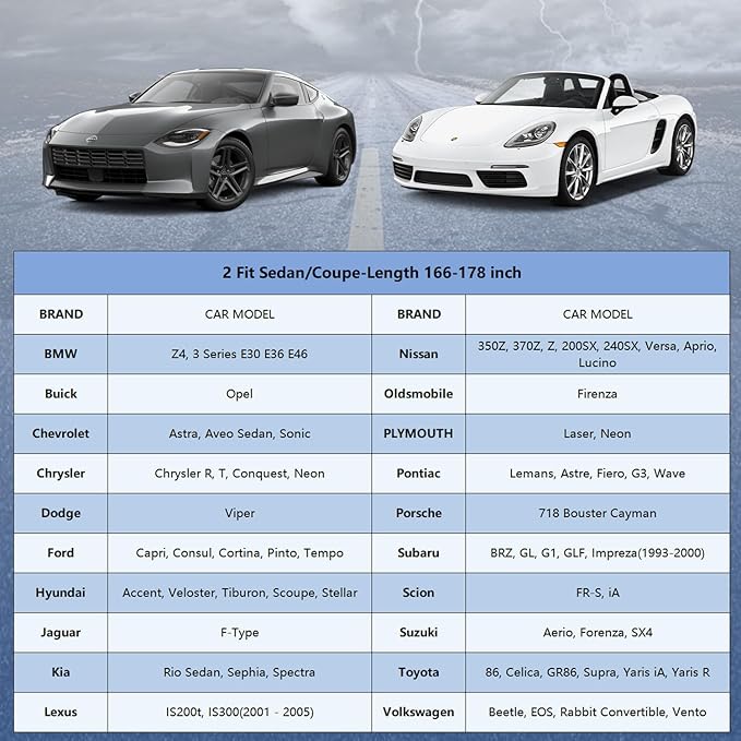 Car Cover Waterproof All Weather for Automobiles, Full Exterior Covers for Sedan & Coupe (166-178 inch) Universal Fit for BMW Z4, Audi TT, Toyota 86/Supra etc. Rain Winter Sun Snow Protection.