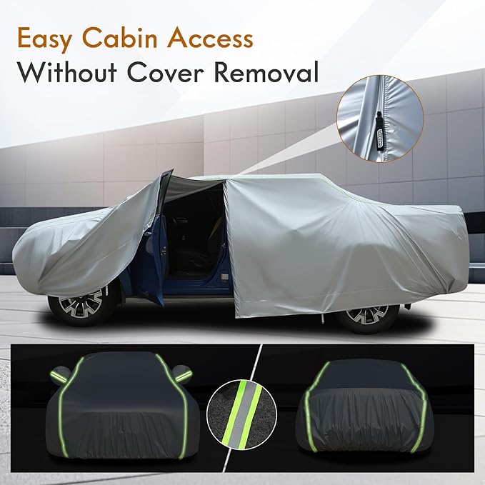 Tecoom Truck Cover Waterproof for Automobiles, Breathable Light Shell Windproof Sun Rain Snow Protection with Zipper Door & Lock, All Weather Outdoor Full Pickup Covers Fit Length Up to 245"