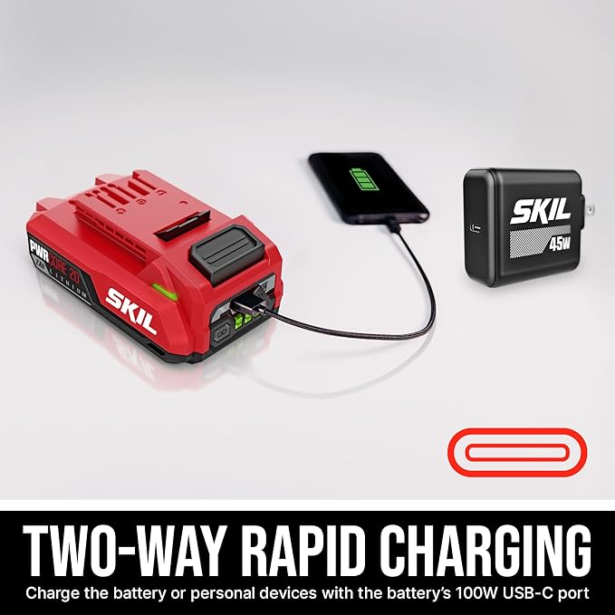 SKIL PWR CORE 20 Brushless 20V Compact Multi-Head Drill Driver Kit, Includes 2.0 Ah USB-C Battery & PD Charger - QD6293B-10