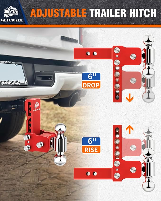 METOWARE Adjustable Trailer Hitches Fits 2 Inch Receiver, Adjustable Ball Mount with 6-Inch Drop/Rise (12,500 LBS GTW), Dual Ball (2'' x 2-5/16'') and Anti-Theft Stainless Steel Trailer Lock (Red)