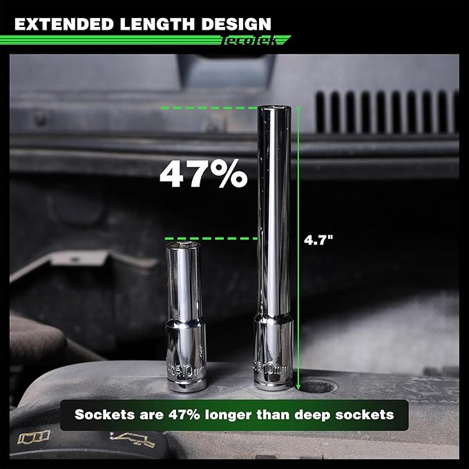 6PCS 3/8-Inch Drive Extra Deep Metric Socket Set, 6 Point, 8mm, 10mm, 11mm, 12mm, 14mm, 1/4" F to 3/8" M Socket Adapter, 120MM Deep CR-V Socket for Automotive and Industrial Applications