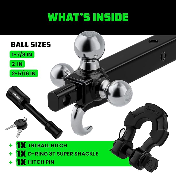 Rhino USA Trailer Hitch Tri-Ball Mount with Hook, Shackle & Locking Pin (2-Inch Receiver) Versatile Tow Hitch Ball Size 1-7/8 Inch, 2 Inch & 2-5/16 - Heavy Duty Truck Towing Hitch (Black)