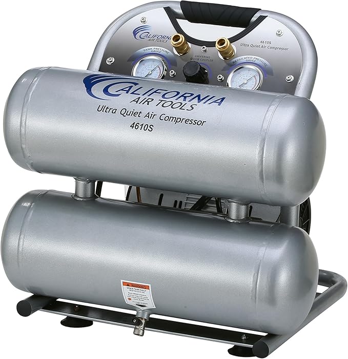 California Air Tools CAT-4610S Ultra Quiet & Oil-Free 1.0 hp 4.6 gallon Steel Twin Tank Electric Portable Air Compressor, Silver