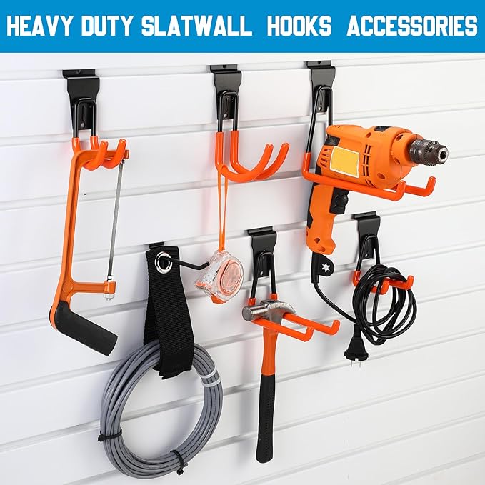 Landhoow 36 Pcs Slatwall Hooks & Hangers 32 Pcs Heavy Duty Slat Wall Hanging Hooks with 4 Pcs Storage Straps Assortment Slatwall Accessories for Storage Garage Wall Organization Garden Home(Orange)