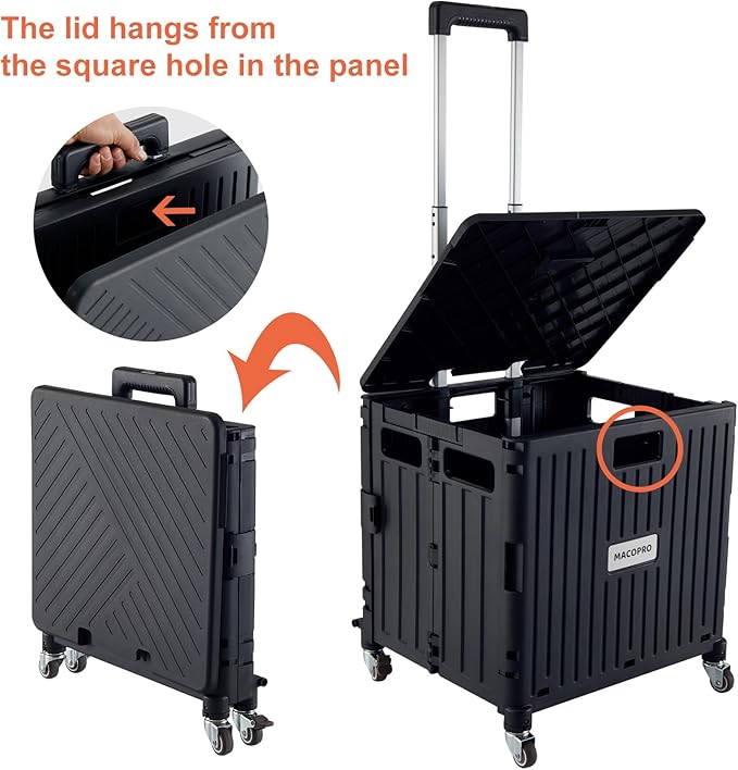 MACOPRO Folding Utility Cart Portable Rolling Crate Handcart Shopping Trolley Collapsible Tool Box, with Lid, Basket on 4 Rotate Wheels, for Grocery, Office, Luggage, Teacher (Black)