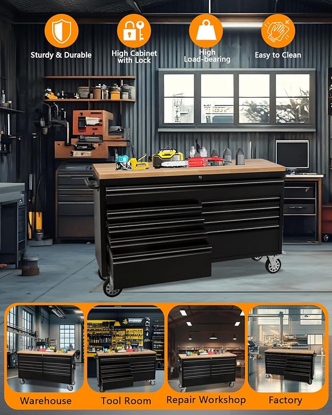 61-Inch Heavy-Duty Rolling Tool Chest & Mobile Workbench with 9 Drawers, Steel Storage Cabinet with Rubber Wood Top, Key Lock, Drawer Liners and Wheels for Garage, Workshop, Black