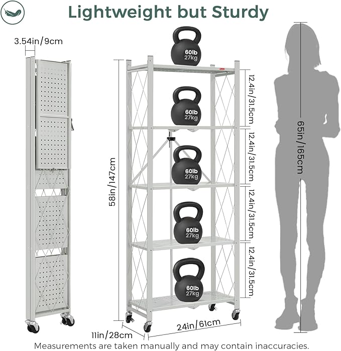 DEANIC 5-Shelf Folding Bookcase with Wheels, Rolling Bookshelf Heavy Duty Storage Shelves, Freestanding Metal Wire Shelving Unit for Living Room, Office, Kitchen, Basement, Pantry (Grey)