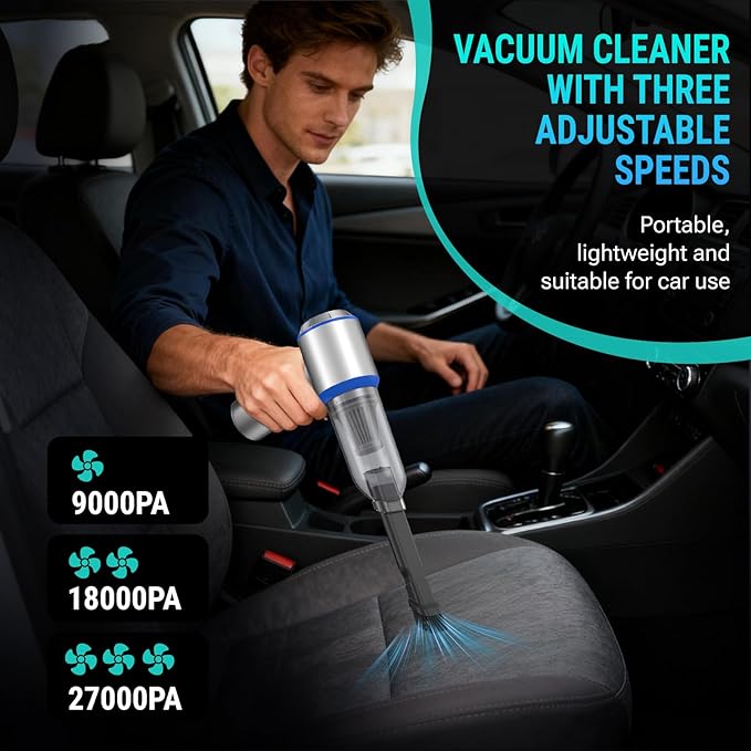 Mini Vacuum Cleaner, 2 in 1 27000PA Brushless Car Vacuum &250000RPM Air Duster 9000mAh Battery Air Blower Wireless Handheld Vacuum for Car,Office and Home (27Kpa)