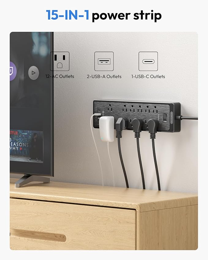 NTONPOWER 25 Ft Extension Cord Flat Plug, 12 Outlets(2 Widely Space) 3 USB with 2100J Surge Protector Power Strip, Overload Protection, 1875W/15A, Wall Mount for Home Office, Workbench or Garage,Black