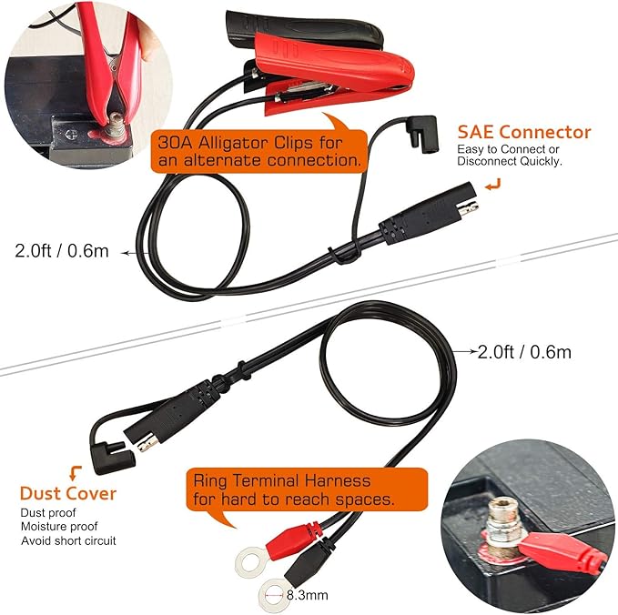 12V 2-Amp Fully-Automatic Smart Battery Charger & Maintainer with 12FT Cord, SAE Connector, Alligator Clips, OT Terminals for AGM, SLA, Lead Acid & LiFePO4 - Car, Motorcycle, ATV, Boat
