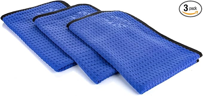 The Rag Company - Dry Me A River - Professional Korean 70/30 Blend, Microfiber Waffle-Weave, Drying & Detailing Towels, Soft Suede Edges, 390gsm, 16in x 24in, Royal Blue (3-Pack)
