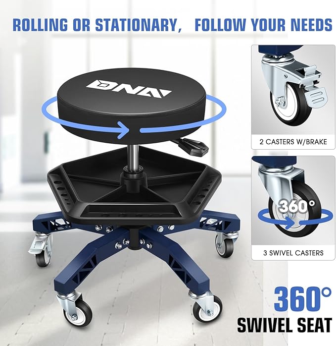 DNA Motoring Rolling Shop Stool, Adjustable Height Padded Rolling Seat, Pneumatic Roller Mechanic Stool for Garages, w/Tool Storage Tray, 300lbs Capacity, TOOLS-00636-BK-BL