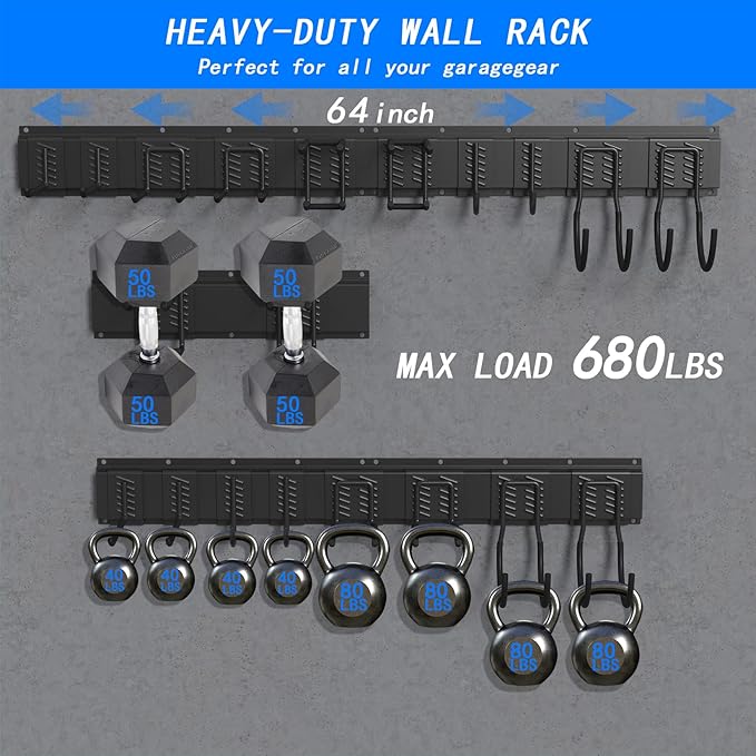 CBWLWJ Garage Tool Organizer Wall Mount, 48 inch Garage Wall Organizer, 400lbs Sturdy Garden Tool Organizer with 6 Adjustable Hooks, for Yard, Shed, Basement, Workshop(Black)