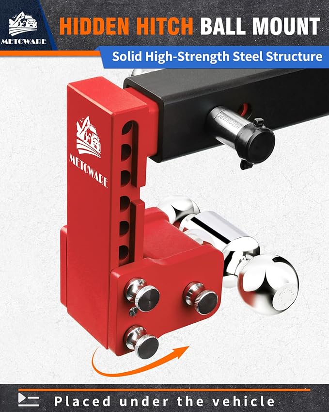 METOWARE Adjustable Trailer Hitches Fits 2 Inch Receiver, Adjustable Ball Mount with 6-Inch Drop/Rise (12,500 LBS GTW), Dual Ball (2'' x 2-5/16'') and Anti-Theft Stainless Steel Trailer Lock (Red)