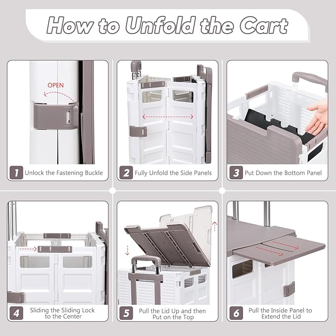SELORSS Foldable Utility Cart Rolling Crate Handcart Shopping Cart with Rotate Wheels Extended Magnetic Lid Telescoping Handle Adjustable Angle for Transports Groceries Office Teacher File(White)