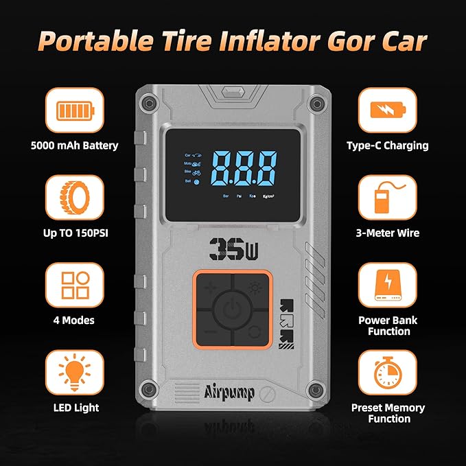 Tire Inflator, 150 PSI Air Compressor with 6000mAh Battery, Car Tire Pump, Air Pump for Car Tires, Bike Inflator, Car Accessories for Cars, Motorcycles & Bikes