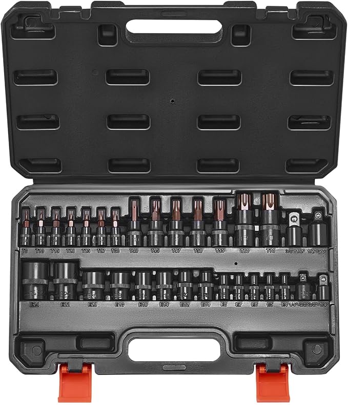 VEVOR Torx Bit Socket and External Torx Socket Set, 31-Piece T8-T70 and E4-E24, S2 Alloy Steel and Cr-V Steel, 1/4 in, 3/8 in, and 1/2 in Drives, with Adapter and Enhanced Storage Case, for Automotive