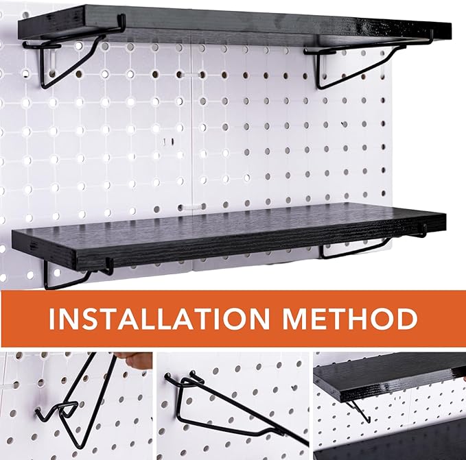 Black Pegboard Shelf, 8 Pack Wooden Pegboard Shelves with Metal Brackets Hooks, Heavy Duty Peg Board Organizer Shelves, Pegboard Accessories Organizer for Crafts Room, Garage, Workbench, Office