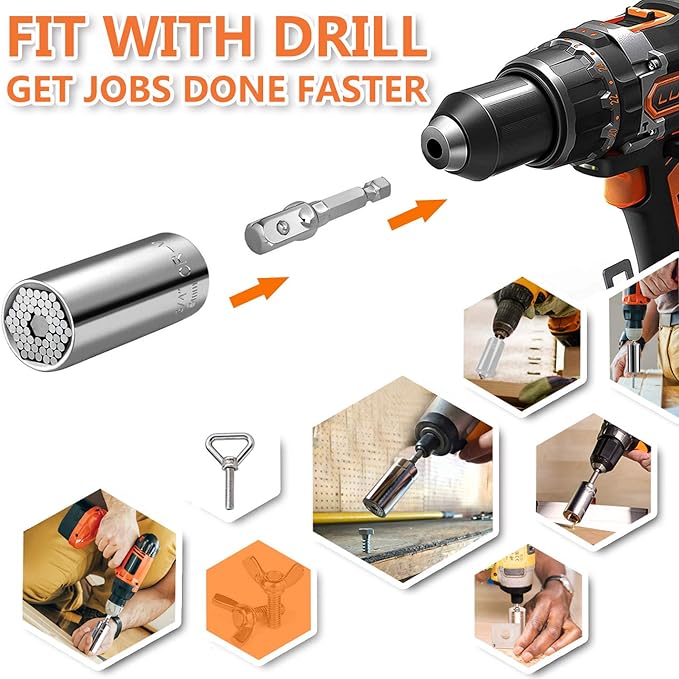 Universal Socket Wrench Set (11-32mm 7-19mm) Professional Sockets Tools Multi-function Wrench Repair Tool Kit with 3/8 inch Ratchet Wrench & Power Drill Adapter Chrome Vanadium Steel
