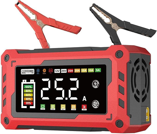 Battery Charger 25-Amp 12V/24V Automatic Smart Battery Trickle Charger, Battery Maintainer Desulfator with Temperature Compensation for Car Truck Motorcycle Lawn Mower Marine