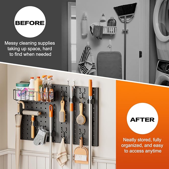 Broom Holder Wall Mount, Peg Board Wall Organizer with Mop Hanger Gripper Hooks Basket, Laundry Room Organization and Storage with Cleaning Supplies Organizer, Metal Pegboard for Utility Closet Garage