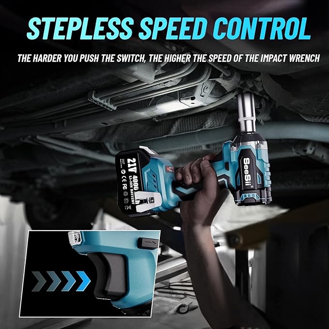 Seesii 3/8" Cordless Impact Wrench, Power Impact Gun w/Max Torque 330Ft-lbs(450N.m), 4.0Ah Rechargable Battery & 4 Sockets, Compact Power Impact Wrench for Lightduty Work Car Home,WH450