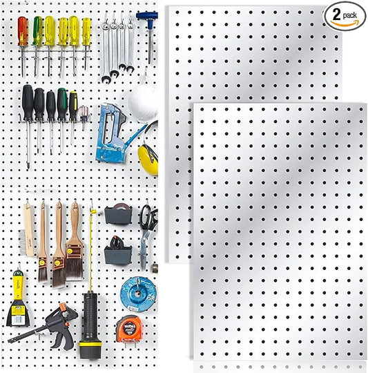 2 Pcs Pegboard, Metal Pegboard Wall Panels - Pegboard Wall Organizer System - Peg Boards for Walls, Small Peg Board Tool Storage, White Pegboard for Garage, Craft Room, Workbench, Kitchen, Office
