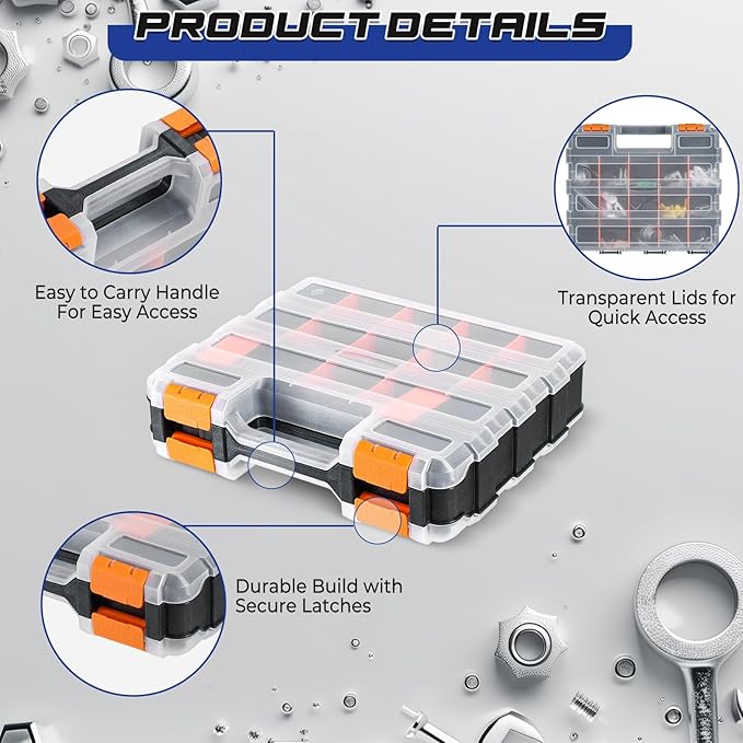 NATGAI 2 Pack Small Parts Organizers, 34-Compartments Double-Sided Tool Box with Removable Dividers for Hardware, Screws, Bolts, Nails & Fishing Accessories, Durable Plastic Storage Case (Orange)