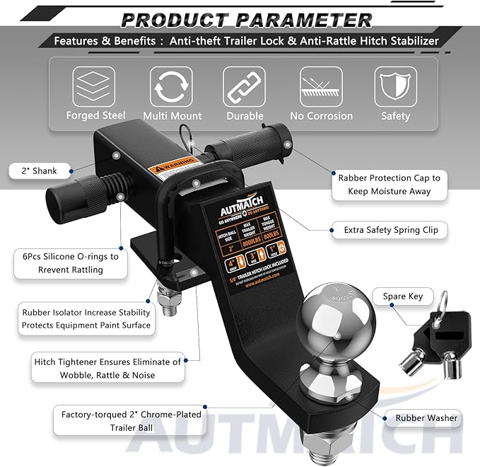 AUTMATCH Trailer Hitch Ball Mount with 2 Inch Hitch Ball - Fits 2" Receiver with Hitch Tightener, 8000Lbs Capacity Ball Hitch, 4-Inch Drop with 5/8" Hitch Lock Pin, Frosted Black