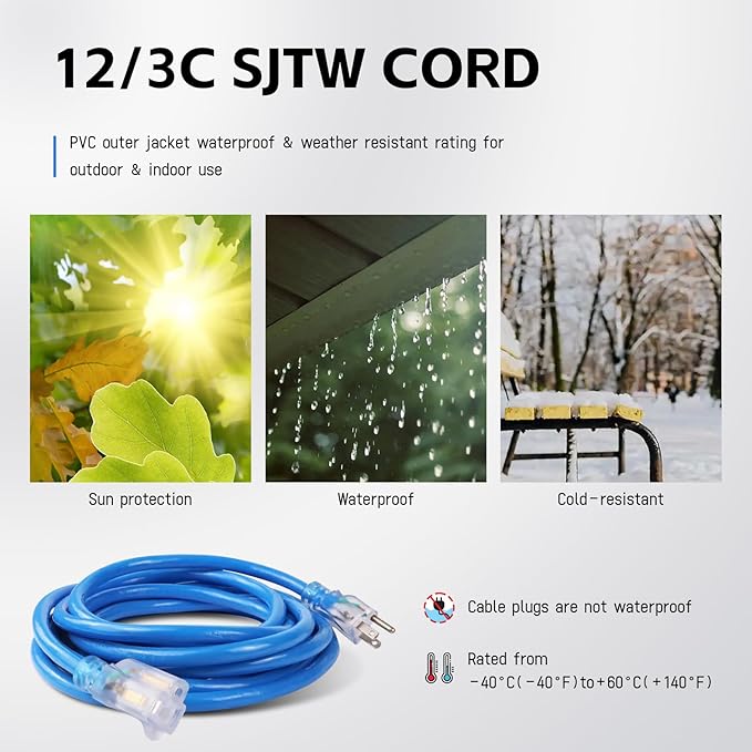 EP 10 Ft Outdoor Extension Cord, 12/3 SJTW Heavy Duty Waterproof Power Cable, 3 Prong Grounded Plug, Lighted End, for Lawn, Garden, Appliances, Blue