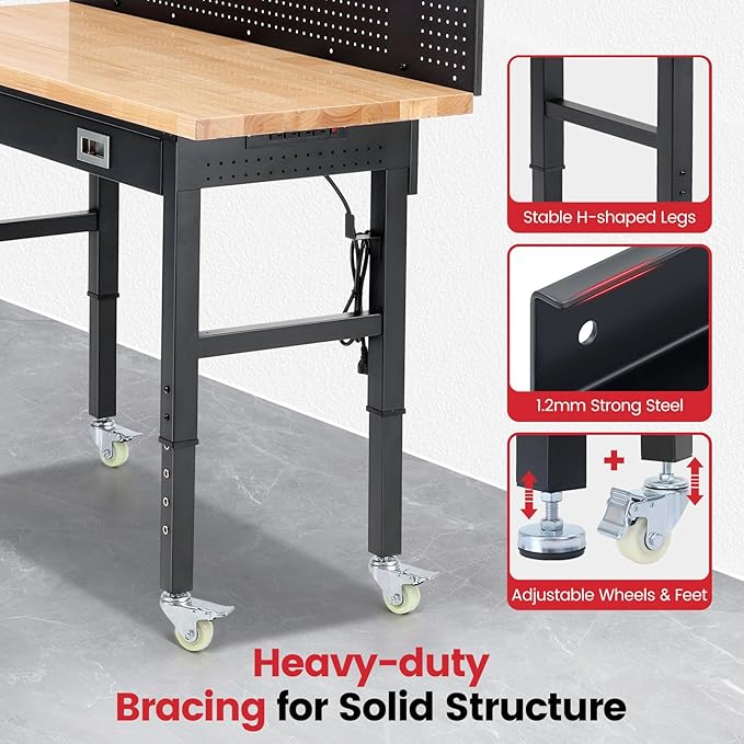 ENJOYWOOD 60" x 22'' Garage Workbench with Wheels Adjustable Height Rubberwood Work Table with Drawers, Pegboard, Power Outlets & LED Light Heavy Duty Rolling Workbench for Workshop & Home