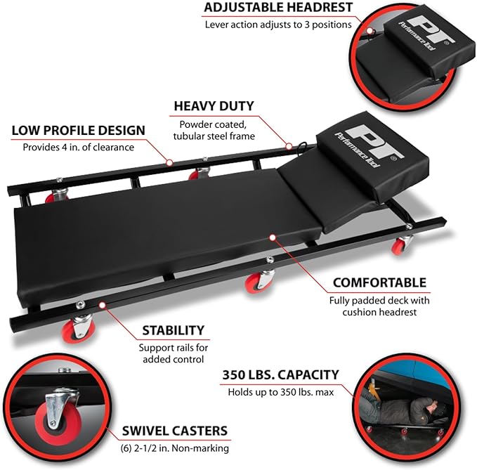 Performance Tool W85005 40-Inch 6-Caster Rolling Shop Creeper with Adjustable Cushioned Headrest