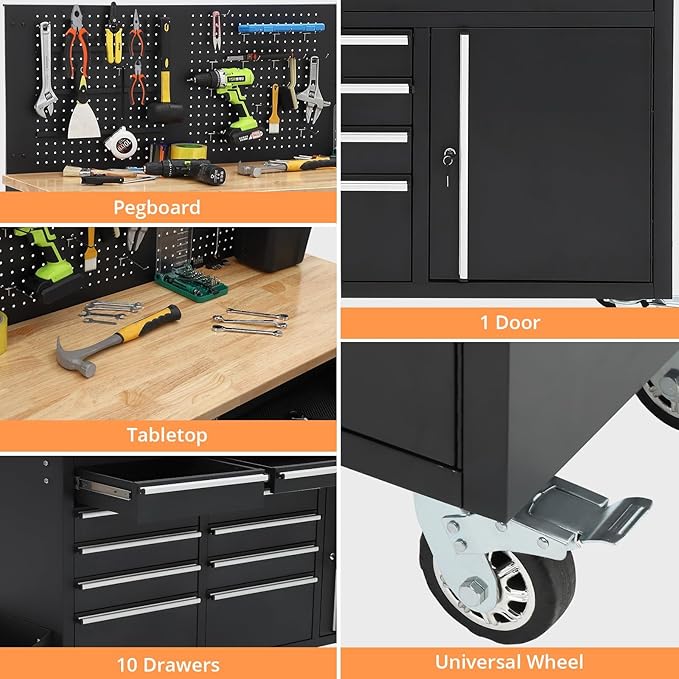 Rolling Tool Chest, 61 in Garage 10 Drawers Workbench Storage Tool Cabinet with Solid Rubber Wood Top, Power Strip, 1675 LBS Load Mobile Workstation, Heavy Duty Rolling Cabinet, Black