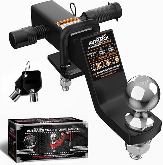 AUTMATCH Trailer Hitch Ball Mount with 2 Inch Hitch Ball - Fits 2" Receiver with Hitch Tightener, 8000Lbs Capacity Ball Hitch, 4-Inch Drop with 5/8" Hitch Lock Pin, Black