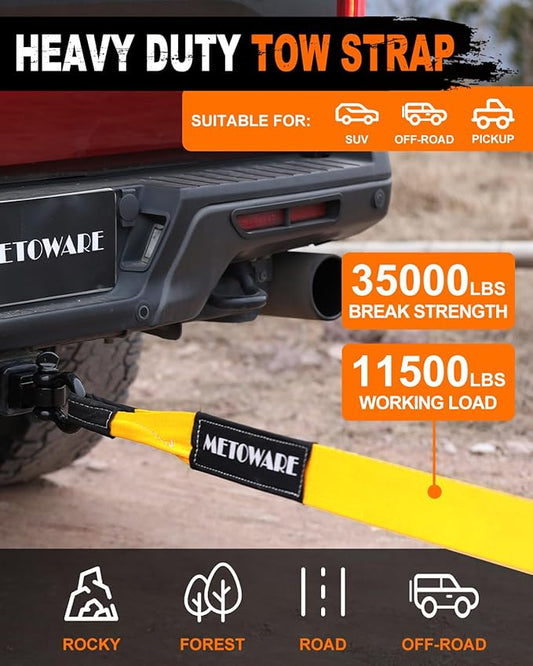 METOWARE Heavy Duty Tow Strap Recovery Kit - 3" x 20ft(35,000lbs) Tree Saver Winch Strap + 3/4" D Ring Shackles(2pcs) + Storage Bag - Truck, SUV, ATV Off Road Towing Strap Kit