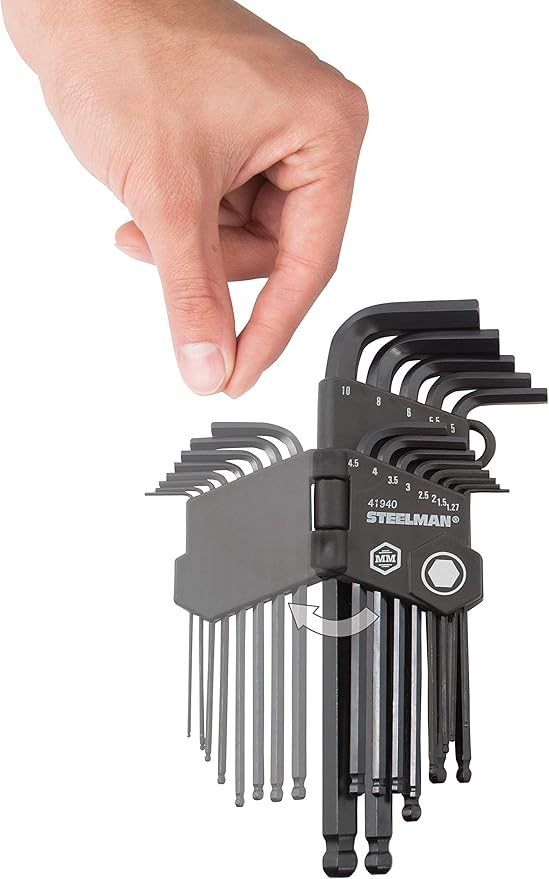 Steelman 26-Piece Long Arm Ball End Hex Key Wrench Set, Inch/Metric (SAE/MM), Extended Length Driver Shafts for Long Reach, Machined Ball Ends for Tight Spaces