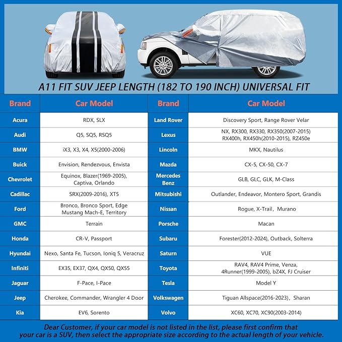 10-Layer SUV Car Cover Waterproof All Weather. Outdoor Full Exterior Covers for Toyota RAV4, Honda CR-V CRV, GMC Terrain, Lexus NX, Kia Sorento Etc. Size A11 (Length 182 to 190 inch)