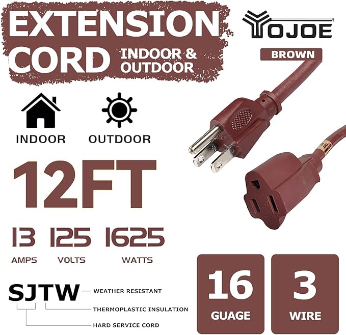YOJOE Indoor Outdoor Extension Cord, 3 Prong 13A Weatherproof Power Cord, 16 Gauge Heavy Duty 12 ft Brown Extension Cord for Garage, Garden and Home, 16/3 SJTW UL Listed